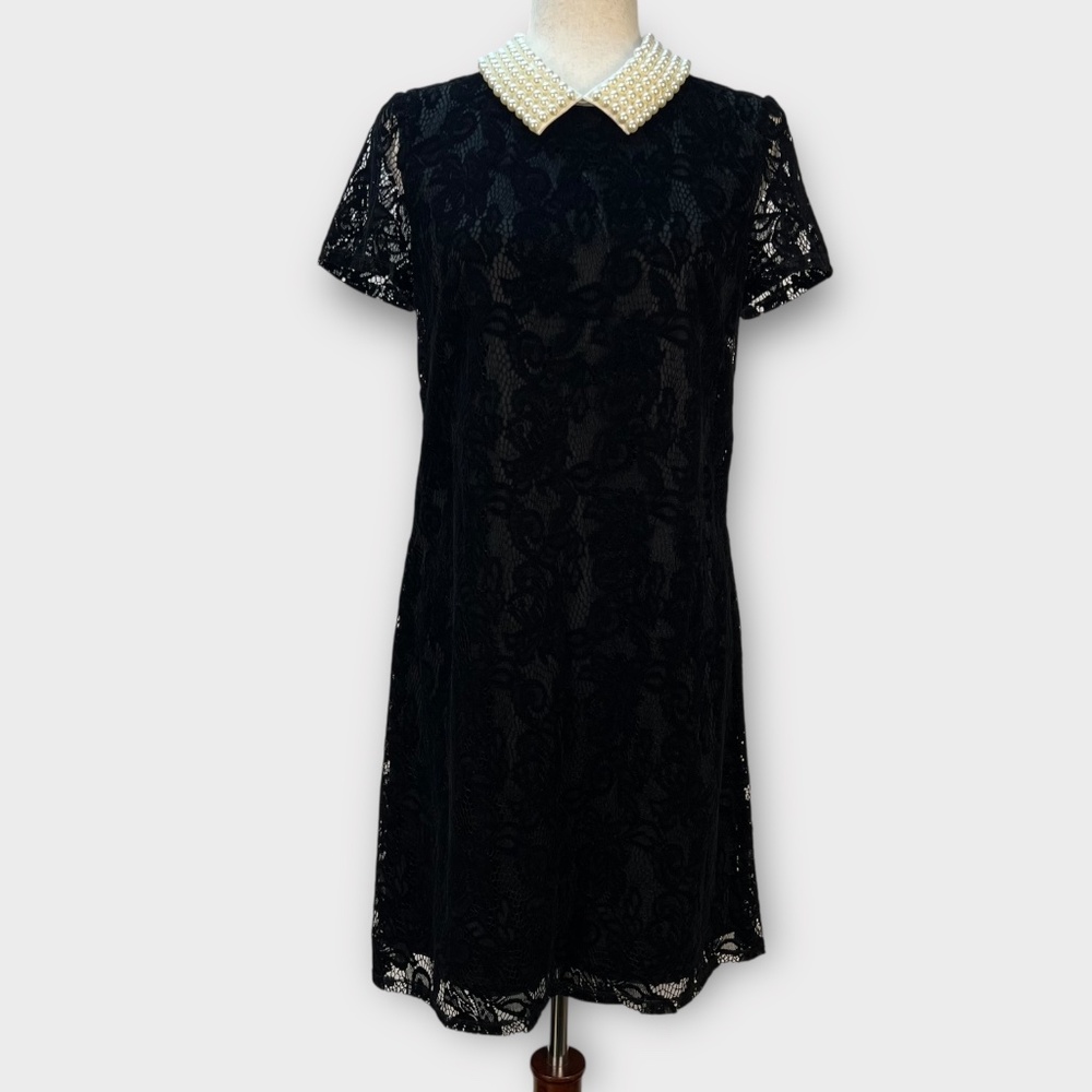 Betsey Johnson Black Lace Dress Pearl Collar Midi Retro Gothic Cocktail Party 6
